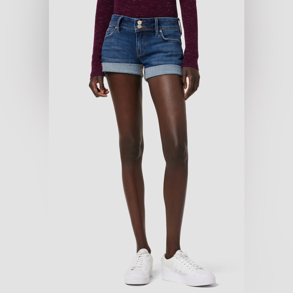 Hudson Crowley Mid Thigh Shorts Rolled Hem Back Flap Pockets with Button